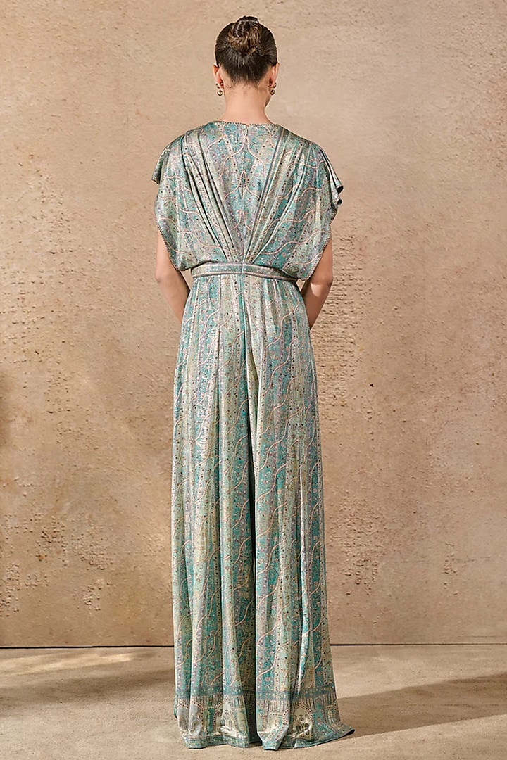 Turquoise Blue Foil Jersey Printed Jumpsuit by Tarun Tahiliani at Pernia's Pop Up Shop