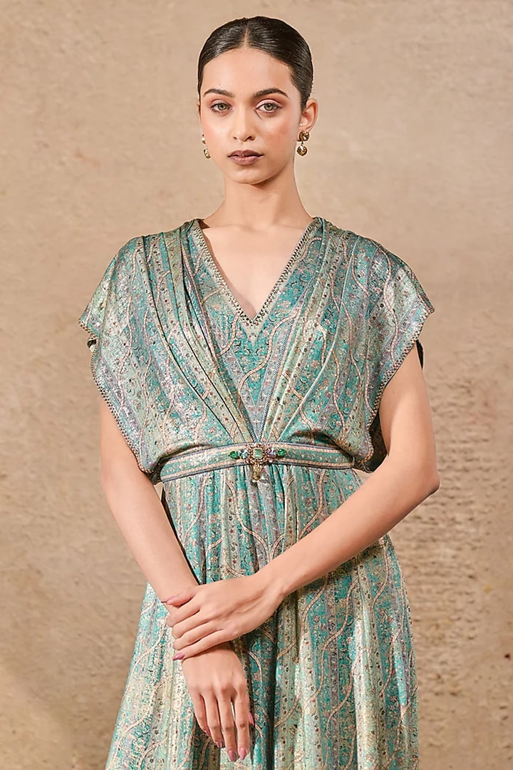 Turquoise Blue Foil Jersey Printed Jumpsuit by Tarun Tahiliani at Pernia's Pop Up Shop