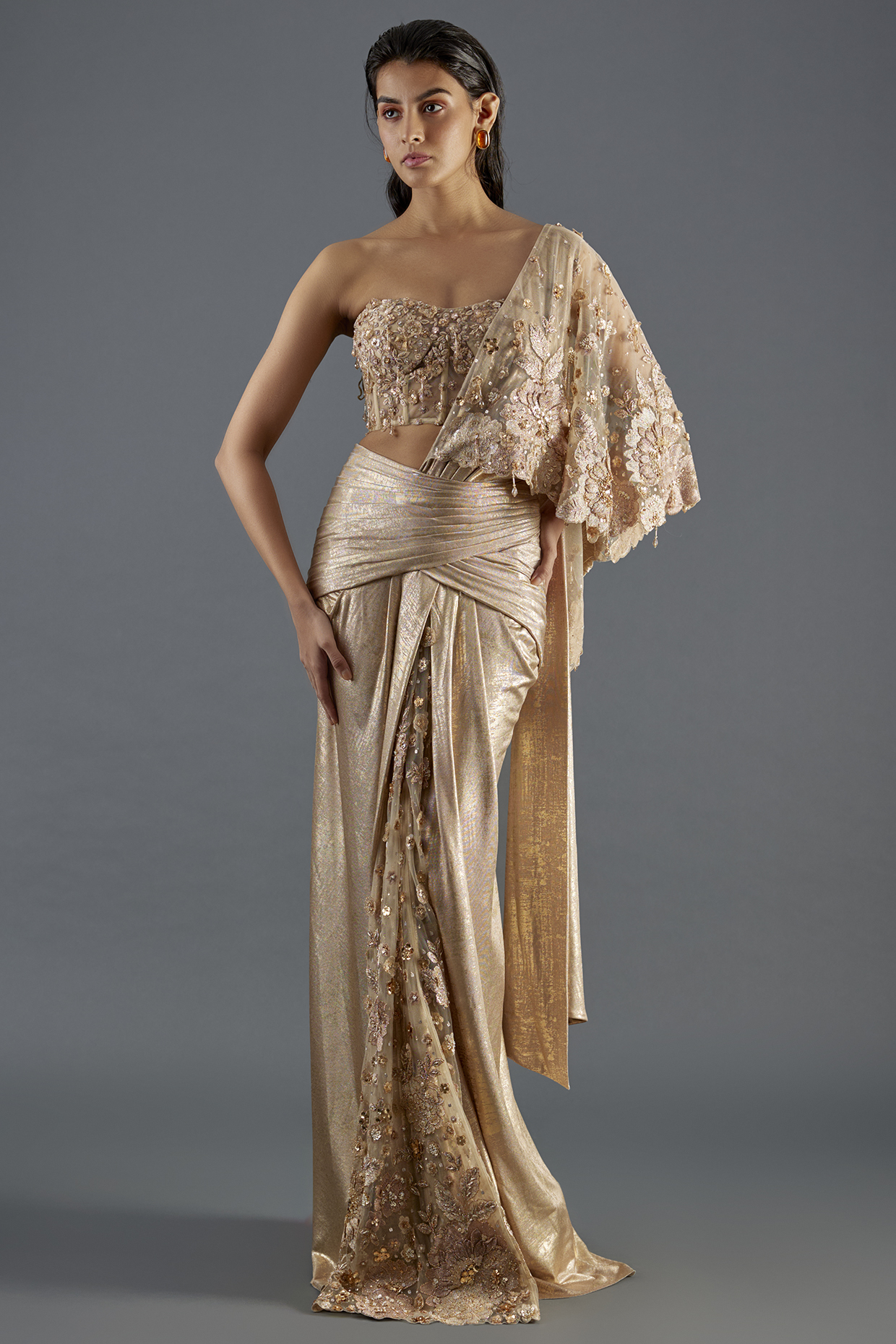 Multi-Colored Foil Jersey & Tulle Floral Embroidered Draped Concept Bridal Saree Set by Tarun Tahiliani at Pernia's Pop Up Shop
