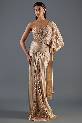 Ivory Gold Foil Jersey & Tulle Floral Embroidered Draped Concept Saree Set by Tarun Tahiliani