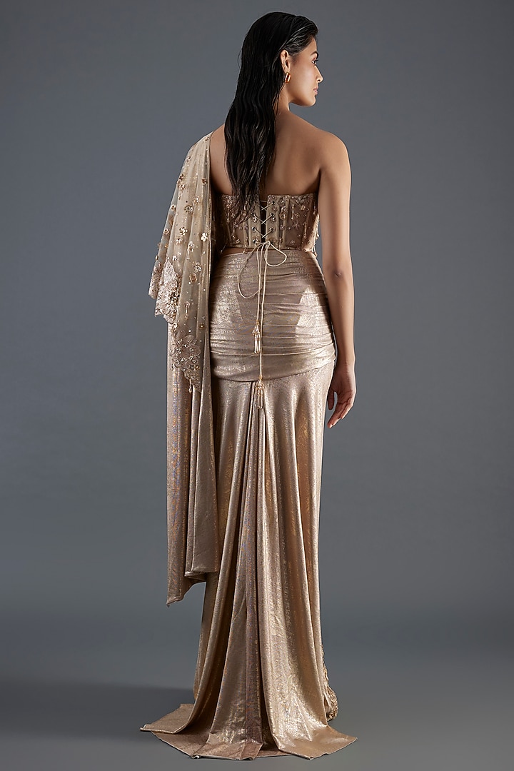 Ivory Gold Foil Jersey & Tulle Floral Embroidered Draped Concept Bridal Saree Set by Tarun Tahiliani at Pernia's Pop Up Shop