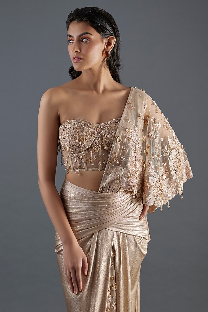 Ivory Gold Foil Jersey & Tulle Floral Embroidered Draped Concept Bridal Saree Set by Tarun Tahiliani at Pernia's Pop Up Shop