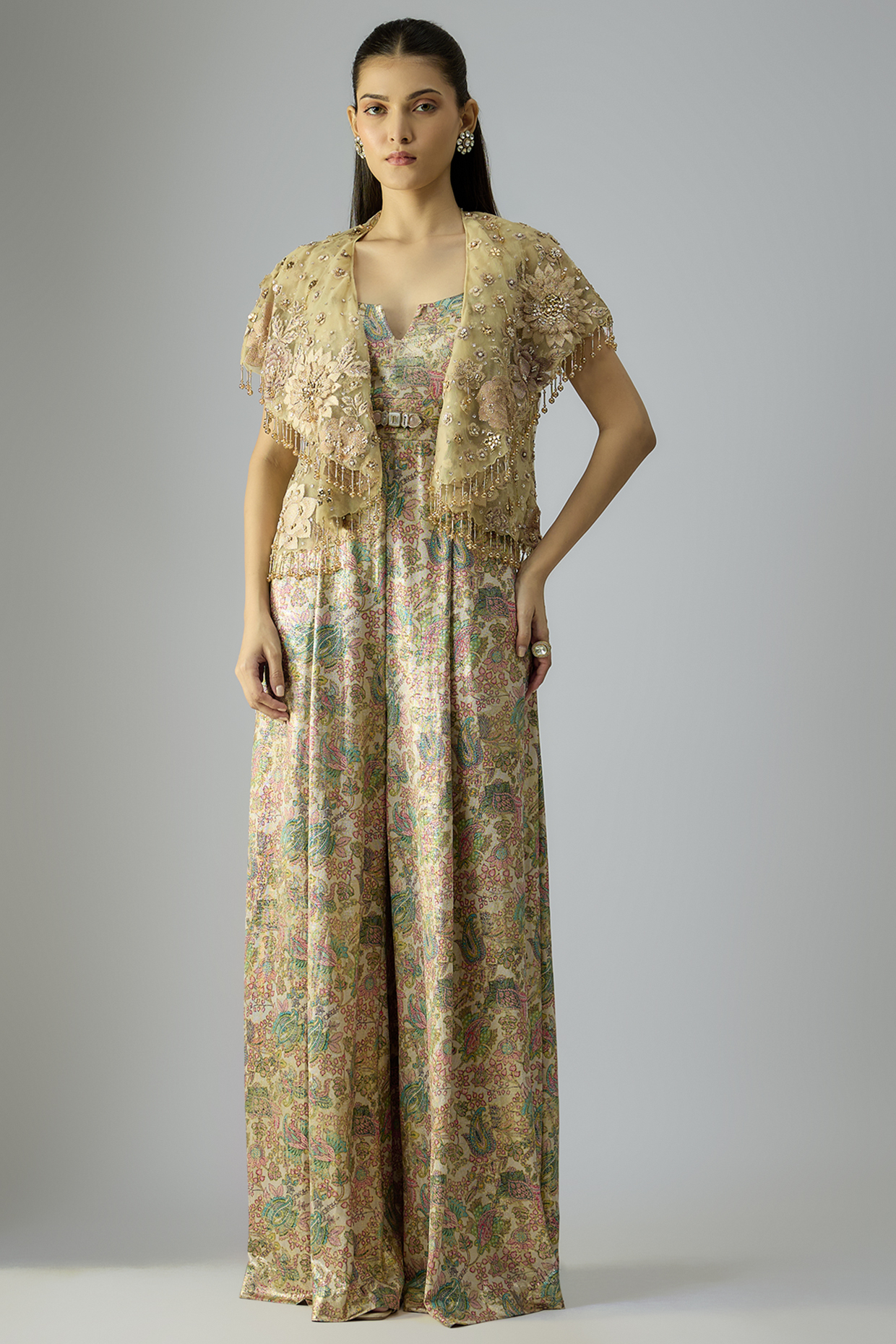 Ivory Gold Foil Jersey Digital Printed Flared Jumpsuit With Jacket by Tarun Tahiliani at Pernia's Pop Up Shop