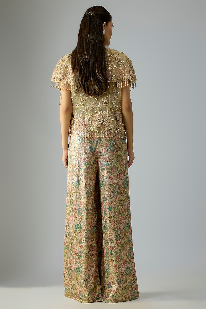Ivory Gold Foil Jersey Digital Printed Flared Jumpsuit With Jacket by Tarun Tahiliani at Pernia's Pop Up Shop