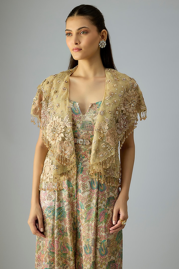 Ivory Gold Foil Jersey Digital Printed Flared Jumpsuit With Jacket by Tarun Tahiliani at Pernia's Pop Up Shop
