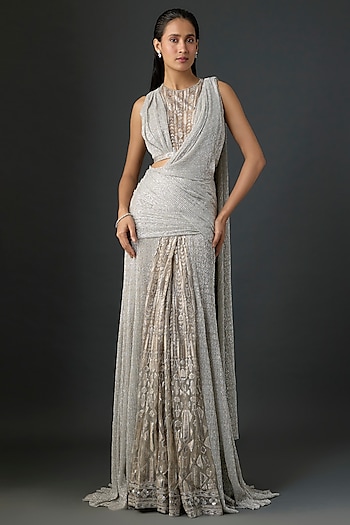 Silver Crinkle Concept Saree Set by Tarun Tahiliani