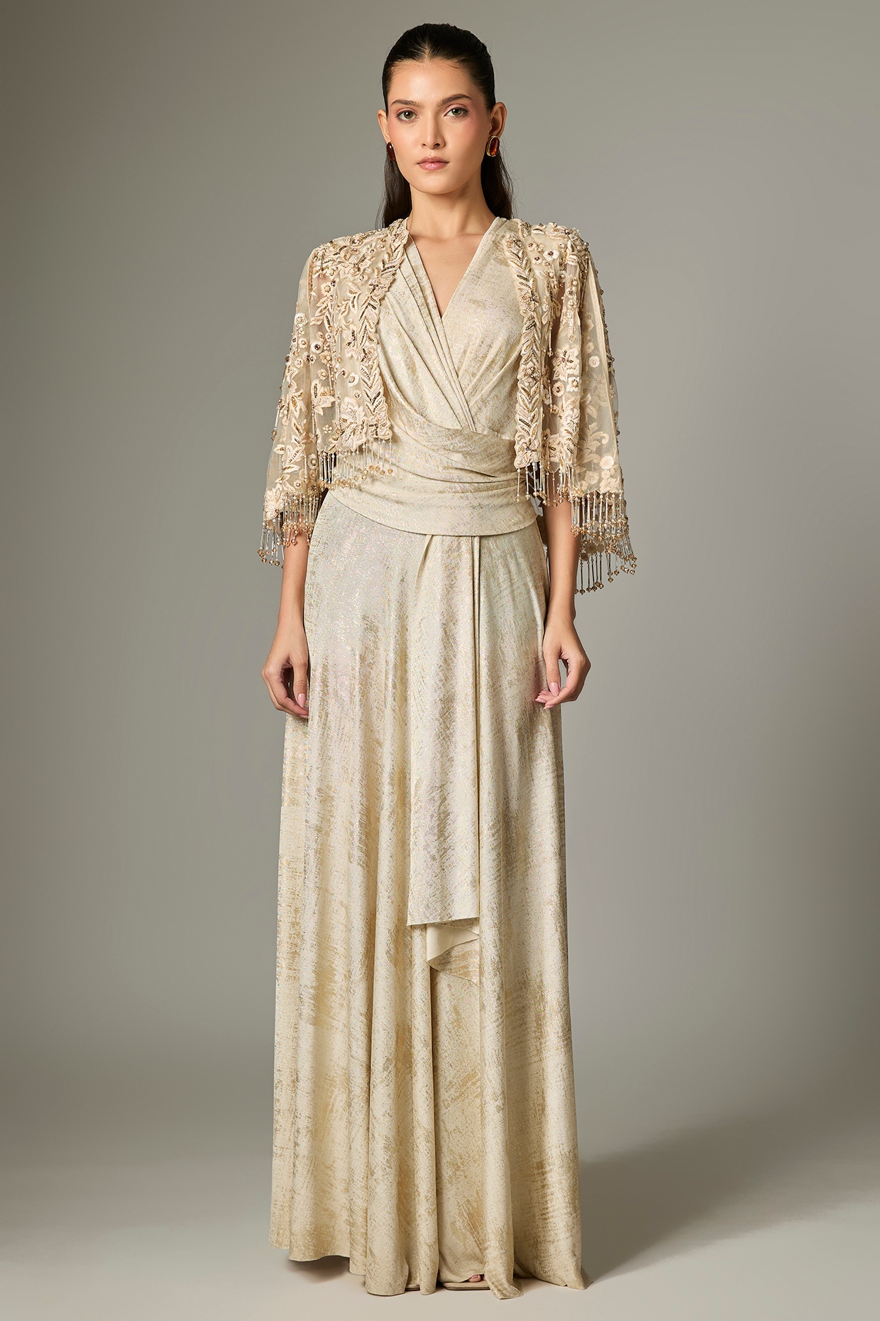 Tarun Tahiliani Ivory Gold Foil Jersey Draped Jacket Dress