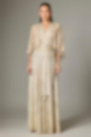 Ivory Gold Foil Jersey Draped Jacket Party Wear Dress by Tarun Tahiliani at Pernia's Pop Up Shop