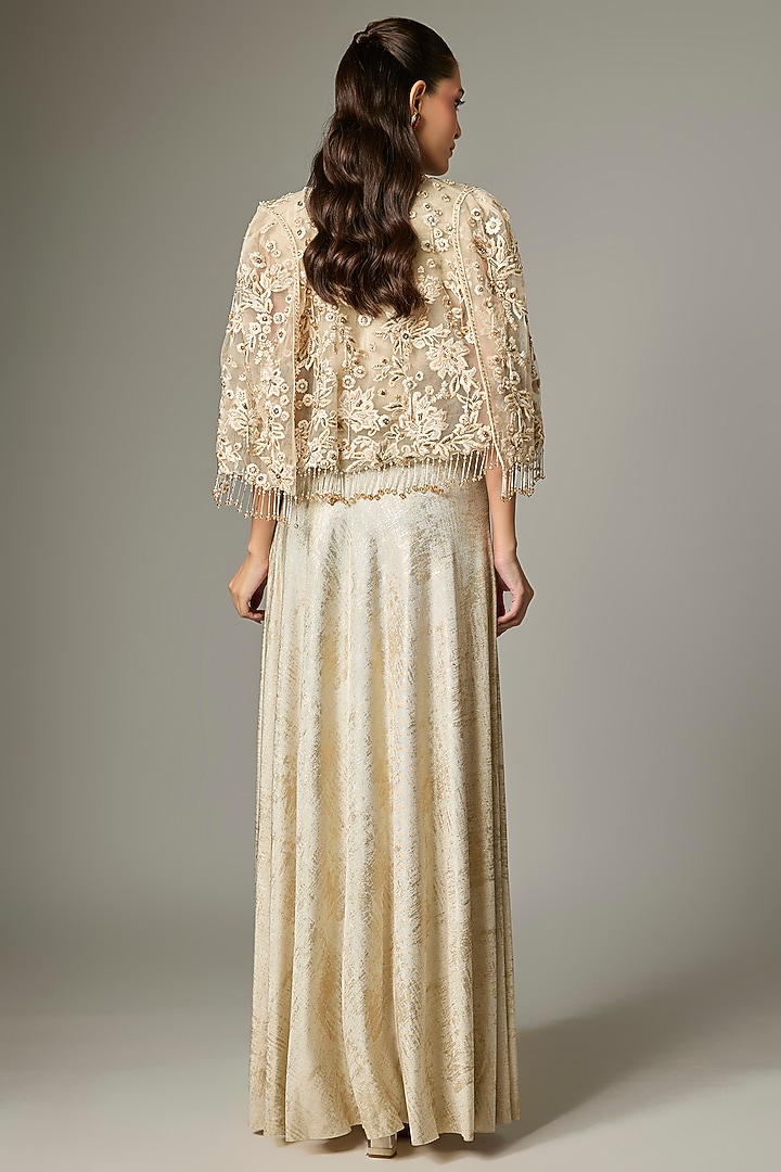 Ivory Gold Foil Jersey Draped Jacket Party Wear Dress by Tarun Tahiliani at Pernia's Pop Up Shop