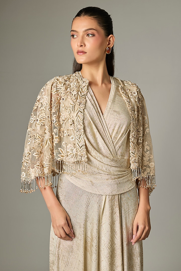 Ivory Gold Foil Jersey Draped Jacket Party Wear Dress by Tarun Tahiliani at Pernia's Pop Up Shop