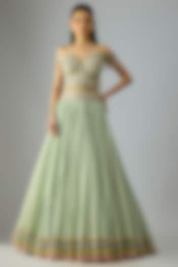 Sage Chanderi Lace Embellished Bridal Lehenga Set by Tarun Tahiliani at Pernia's Pop Up Shop