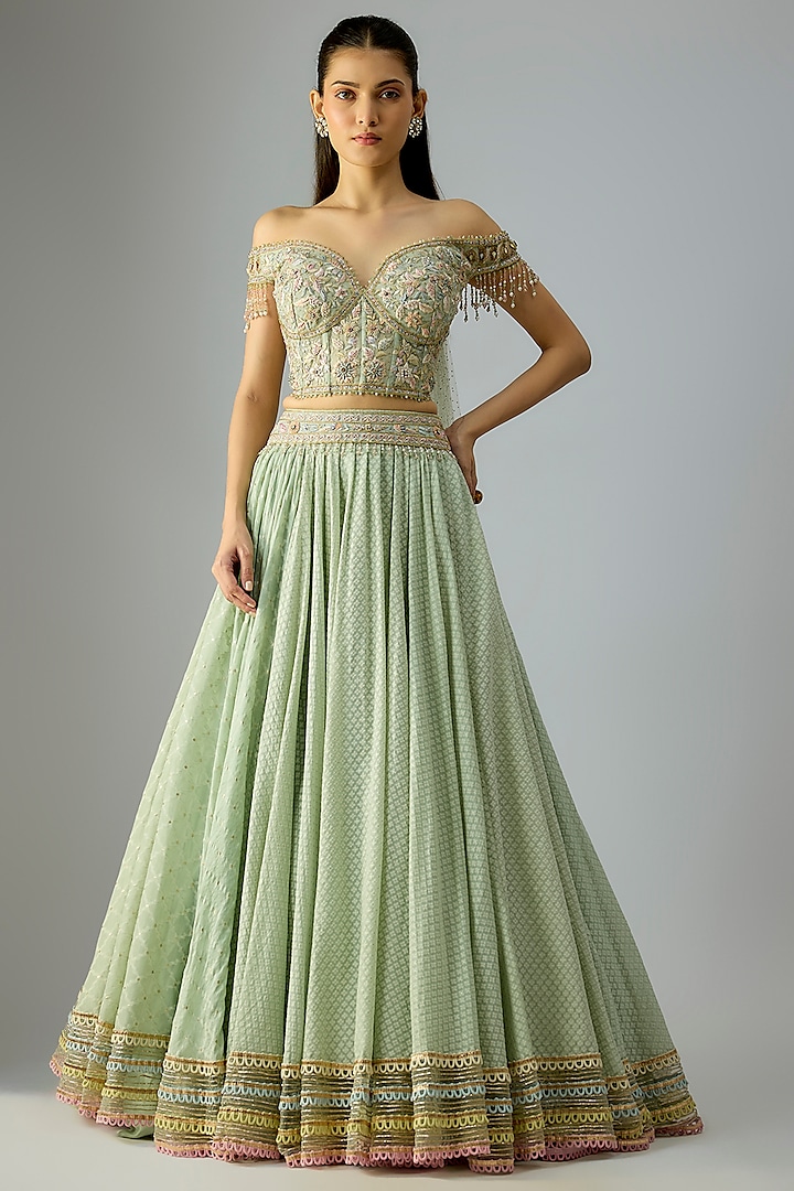 Sage Chanderi Lace Embellished Bridal Lehenga Set by Tarun Tahiliani at Pernia's Pop Up Shop