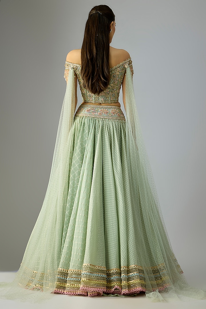 Sage Chanderi Lace Embellished Bridal Lehenga Set by Tarun Tahiliani at Pernia's Pop Up Shop
