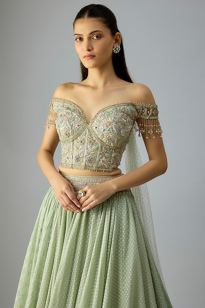 Sage Chanderi Lace Embellished Bridal Lehenga Set by Tarun Tahiliani at Pernia's Pop Up Shop