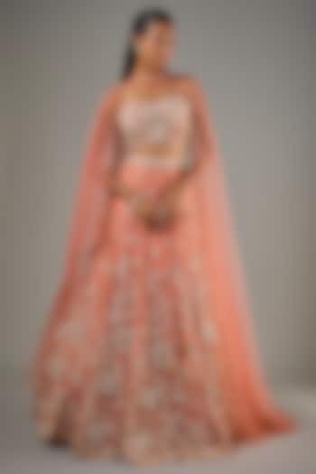 Orange Tulle Resham Embellished Bridal Lehenga Set by Tarun Tahiliani at Pernia's Pop Up Shop
