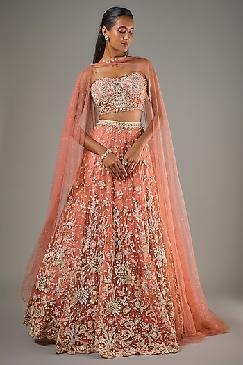 Orange Tulle Resham Embellished Lehenga Set by Tarun Tahiliani