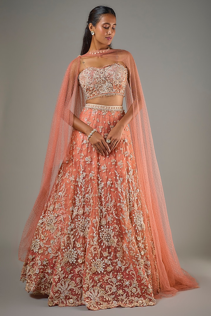 Orange Tulle Resham Embellished Bridal Lehenga Set by Tarun Tahiliani at Pernia's Pop Up Shop