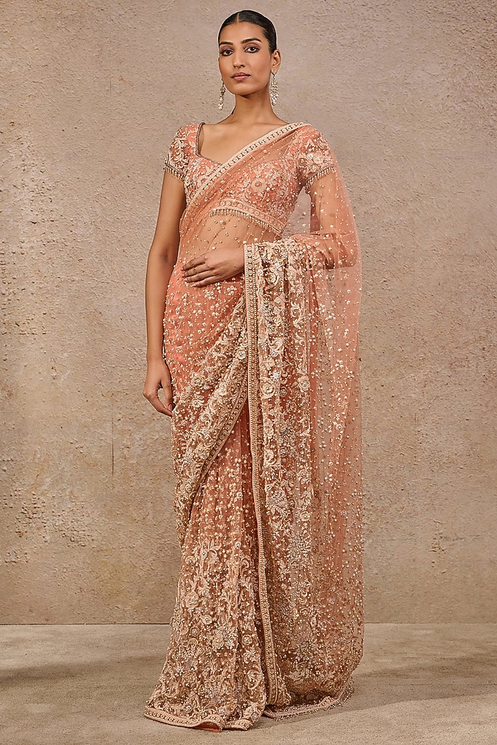 Rust Tulle Resham Embroidered Bridal Saree Set by Tarun Tahiliani at Pernia's Pop Up Shop