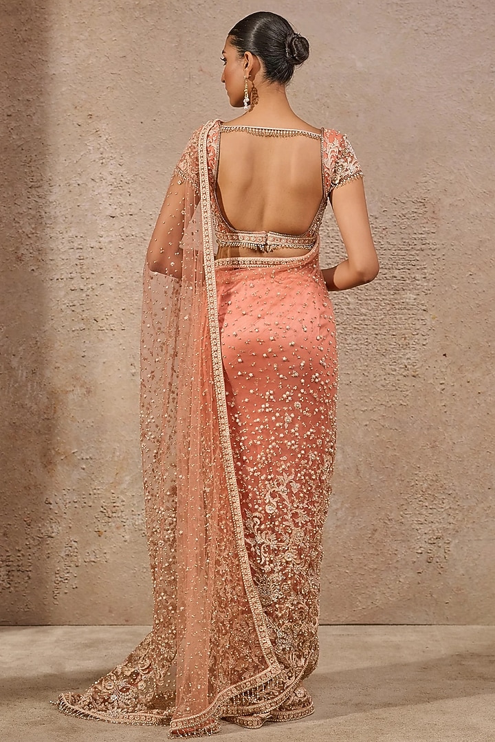 Rust Tulle Resham Embroidered Bridal Saree Set by Tarun Tahiliani at Pernia's Pop Up Shop