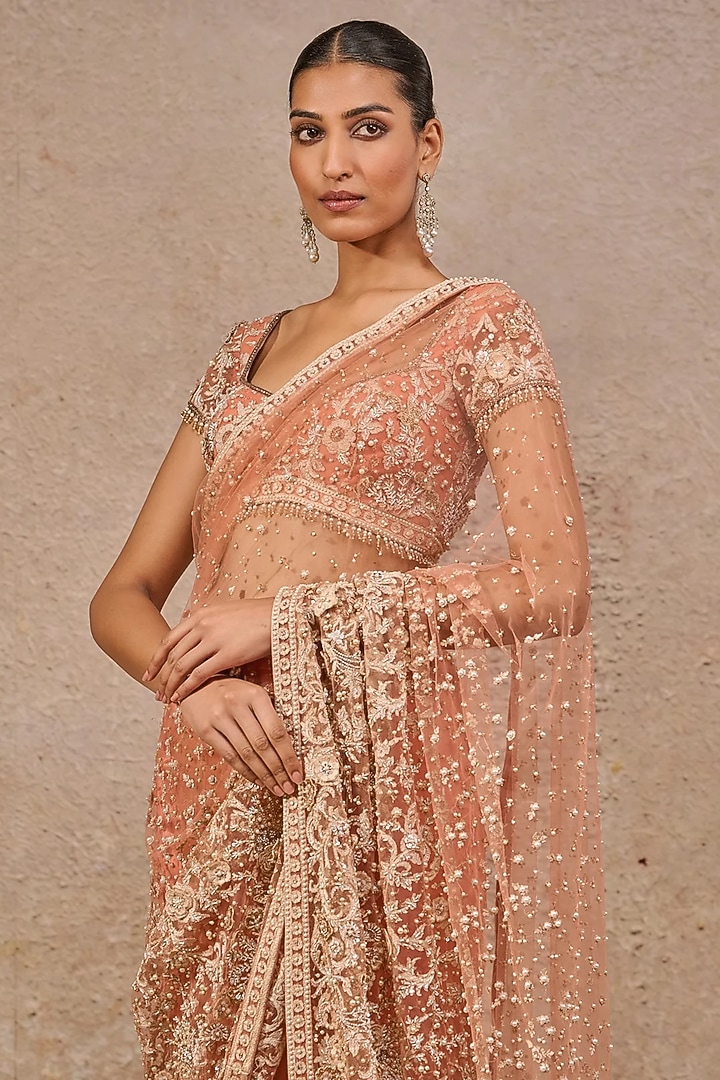Rust Tulle Resham Embroidered Bridal Saree Set by Tarun Tahiliani at Pernia's Pop Up Shop
