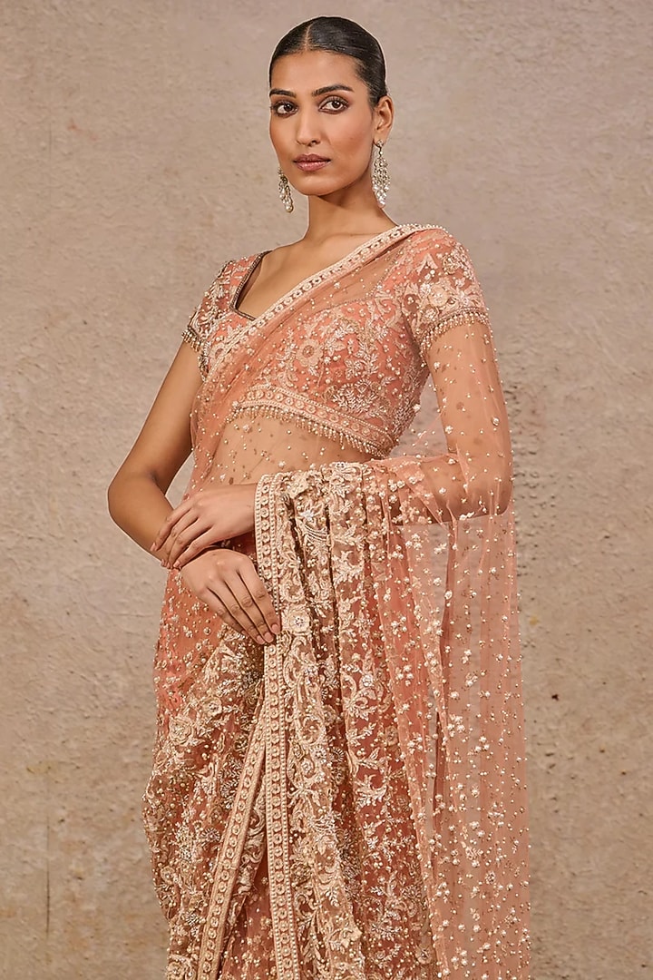 Rust Tulle Resham Embroidered Bridal Saree Set by Tarun Tahiliani at Pernia's Pop Up Shop