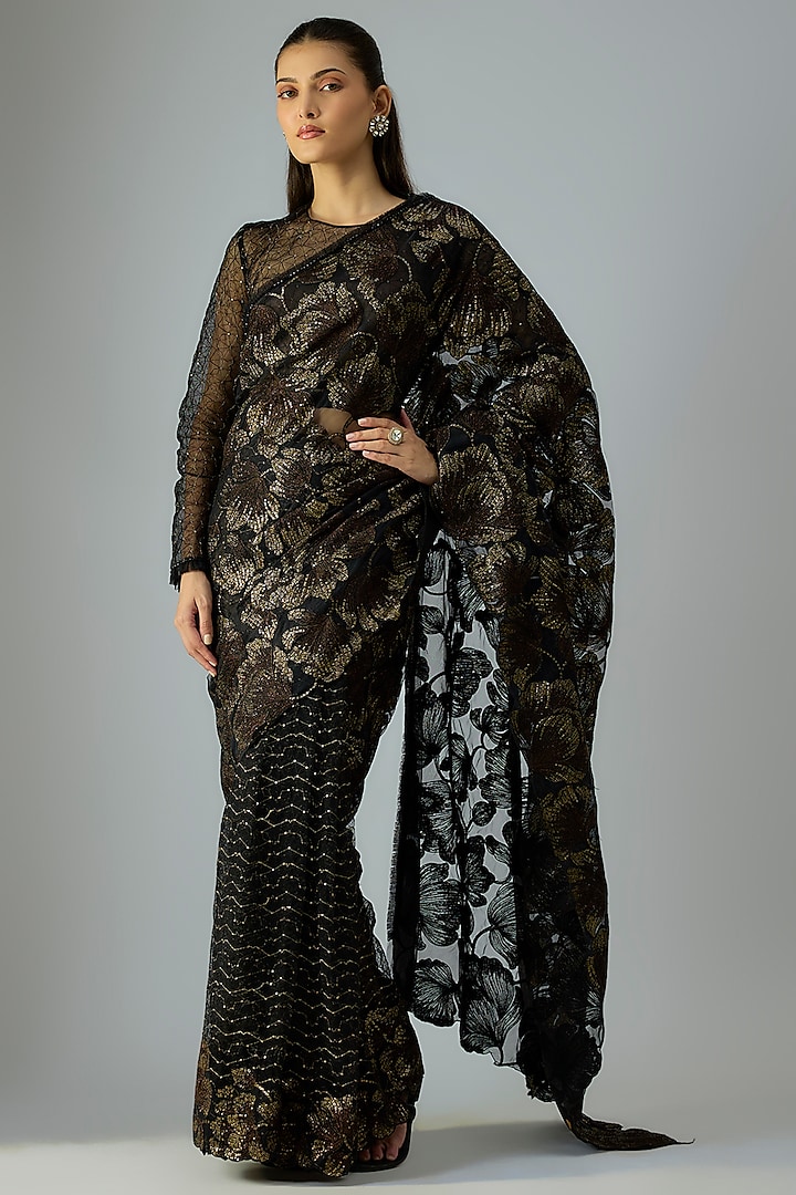 Black Tulle Sequins Embellished Reception Saree Set by Tarun Tahiliani at Pernia's Pop Up Shop
