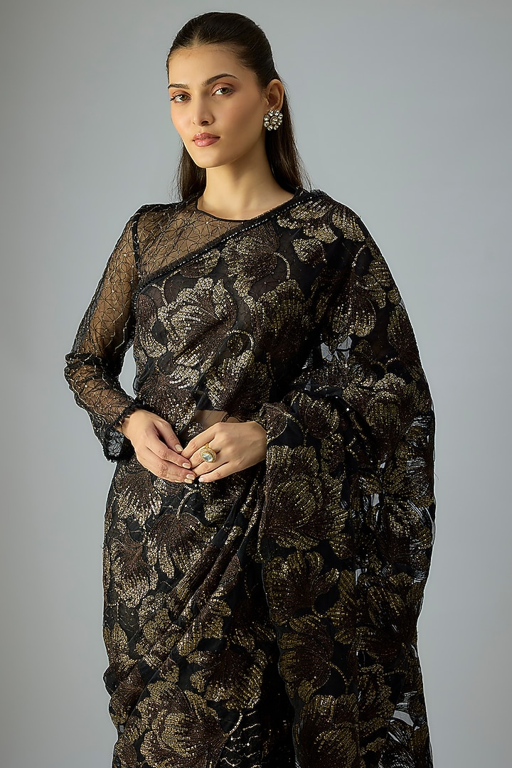 Black Tulle Sequins Embellished Reception Saree Set by Tarun Tahiliani at Pernia's Pop Up Shop