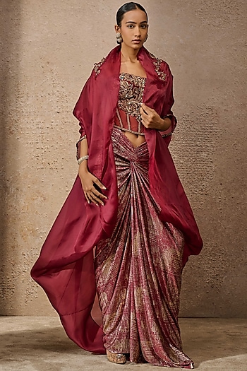 Wine Satin Organza Embellished Cape Set by Tarun Tahiliani
