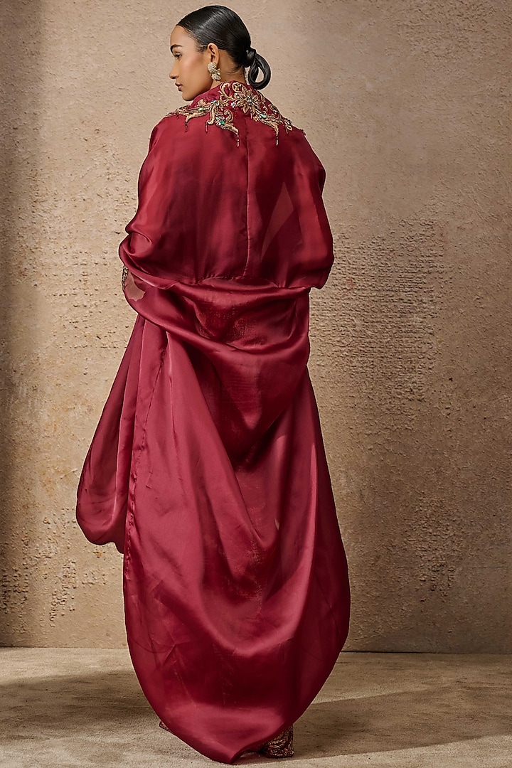 Wine Satin Organza Embellished Cape Set by Tarun Tahiliani at Pernia's Pop Up Shop