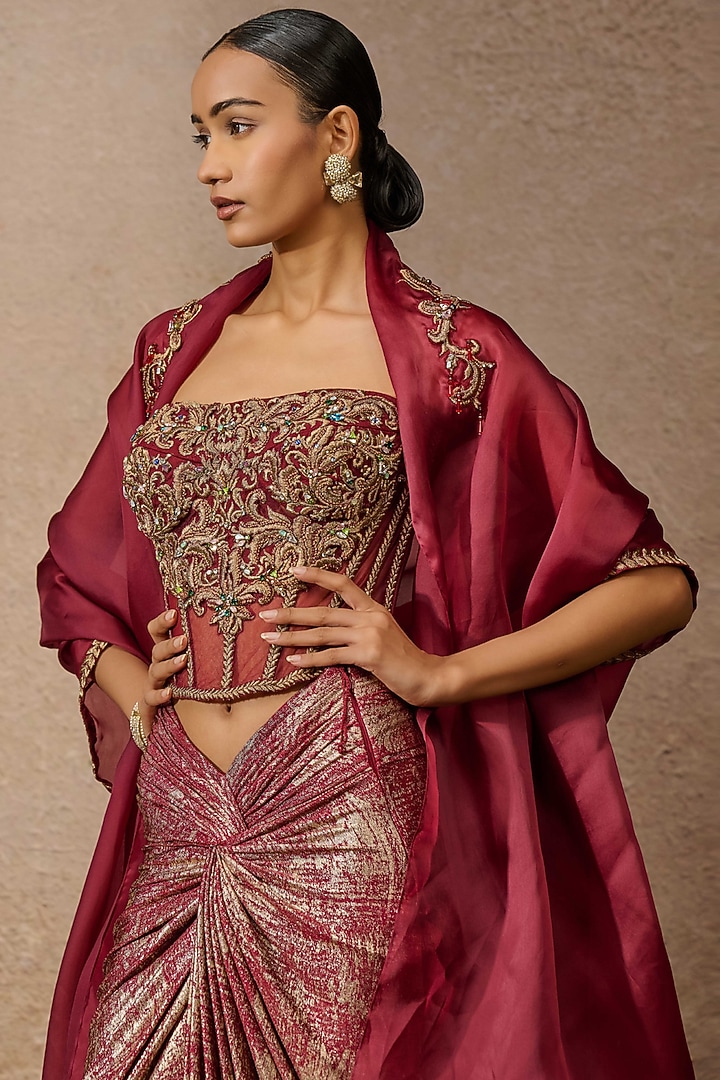 Wine Satin Organza Embellished Cape Set by Tarun Tahiliani at Pernia's Pop Up Shop