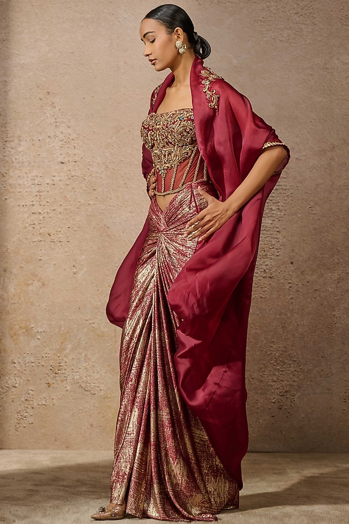 Wine Satin Organza Embellished Cape Set by Tarun Tahiliani at Pernia's Pop Up Shop