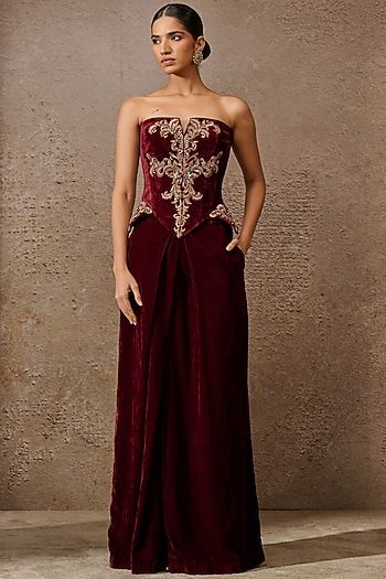 Wine Velvet Crystal Embroidered Co-Ord Set by Tarun Tahiliani