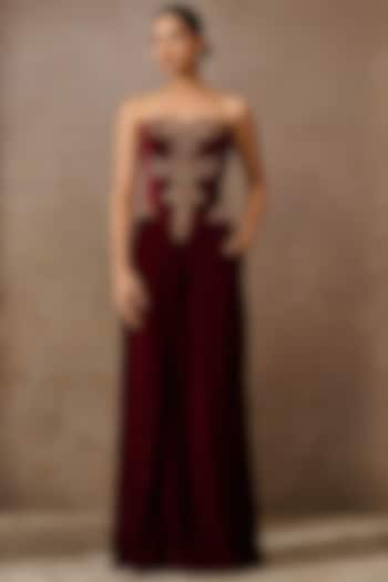 Wine Velvet Crystal Embroidered Co-Ord Set by Tarun Tahiliani at Pernia's Pop Up Shop