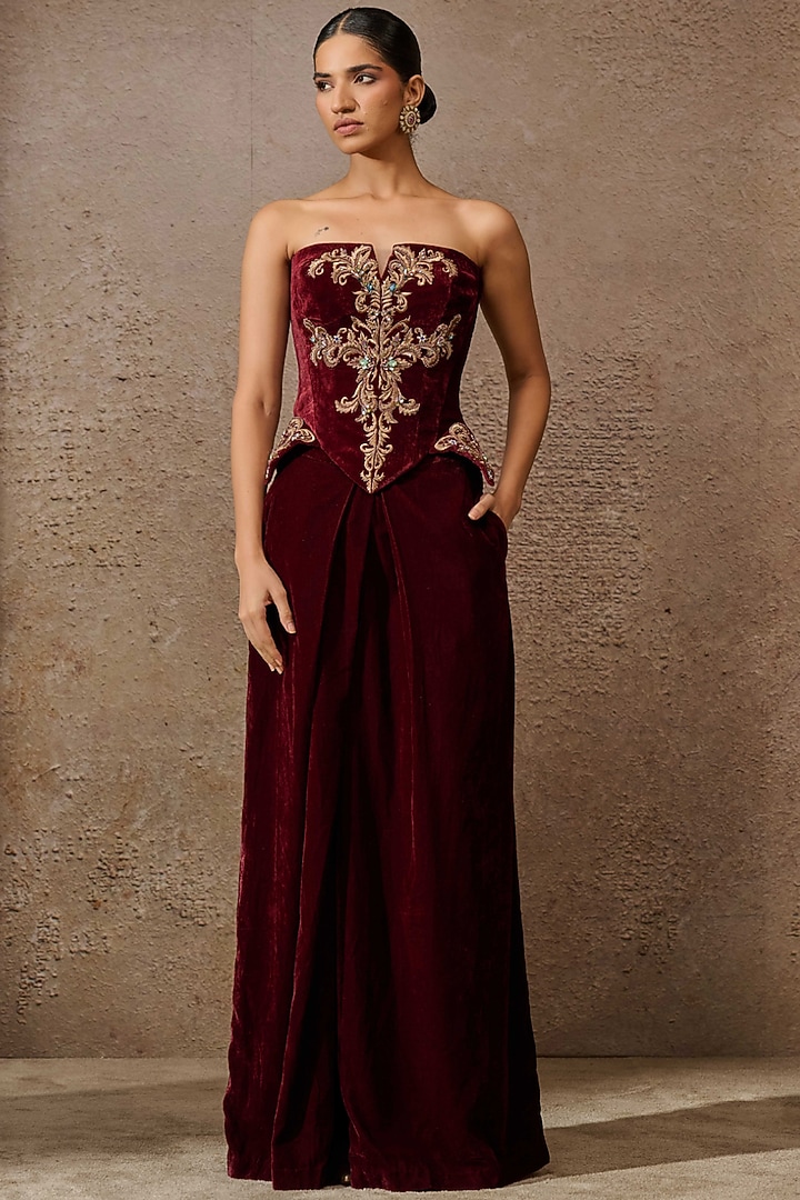 Wine Velvet Crystal Embroidered Co-Ord Set by Tarun Tahiliani at Pernia's Pop Up Shop
