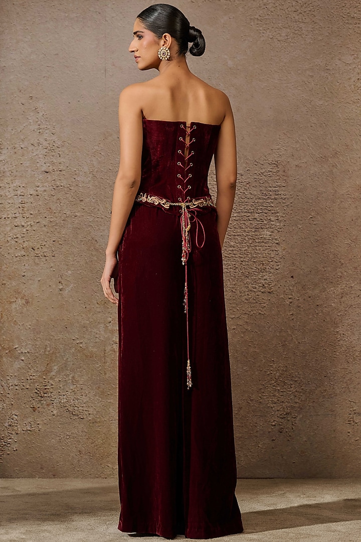 Wine Velvet Crystal Embroidered Co-Ord Set by Tarun Tahiliani at Pernia's Pop Up Shop