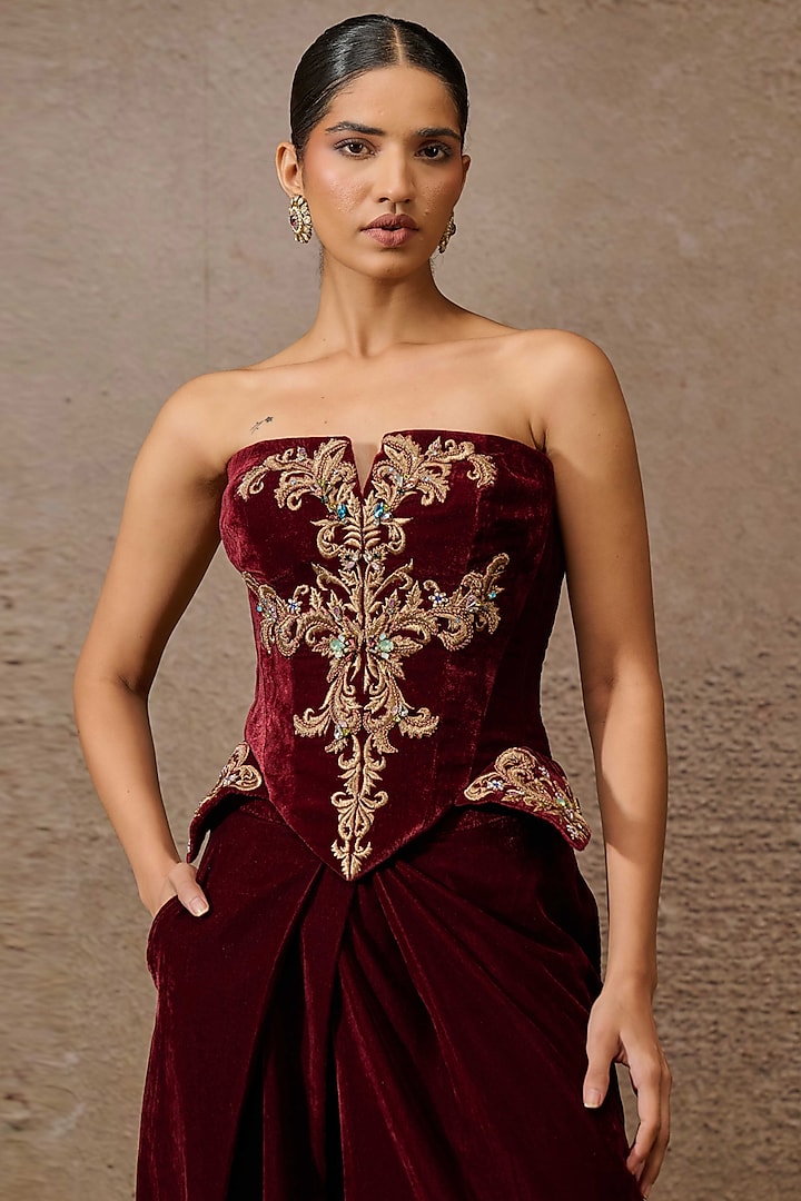 Wine Velvet Crystal Embroidered Co-Ord Set by Tarun Tahiliani at Pernia's Pop Up Shop