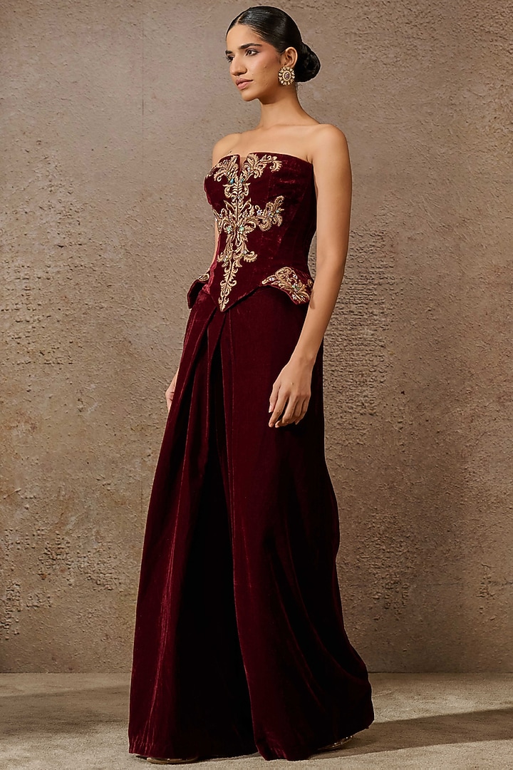 Wine Velvet Crystal Embroidered Co-Ord Set by Tarun Tahiliani at Pernia's Pop Up Shop