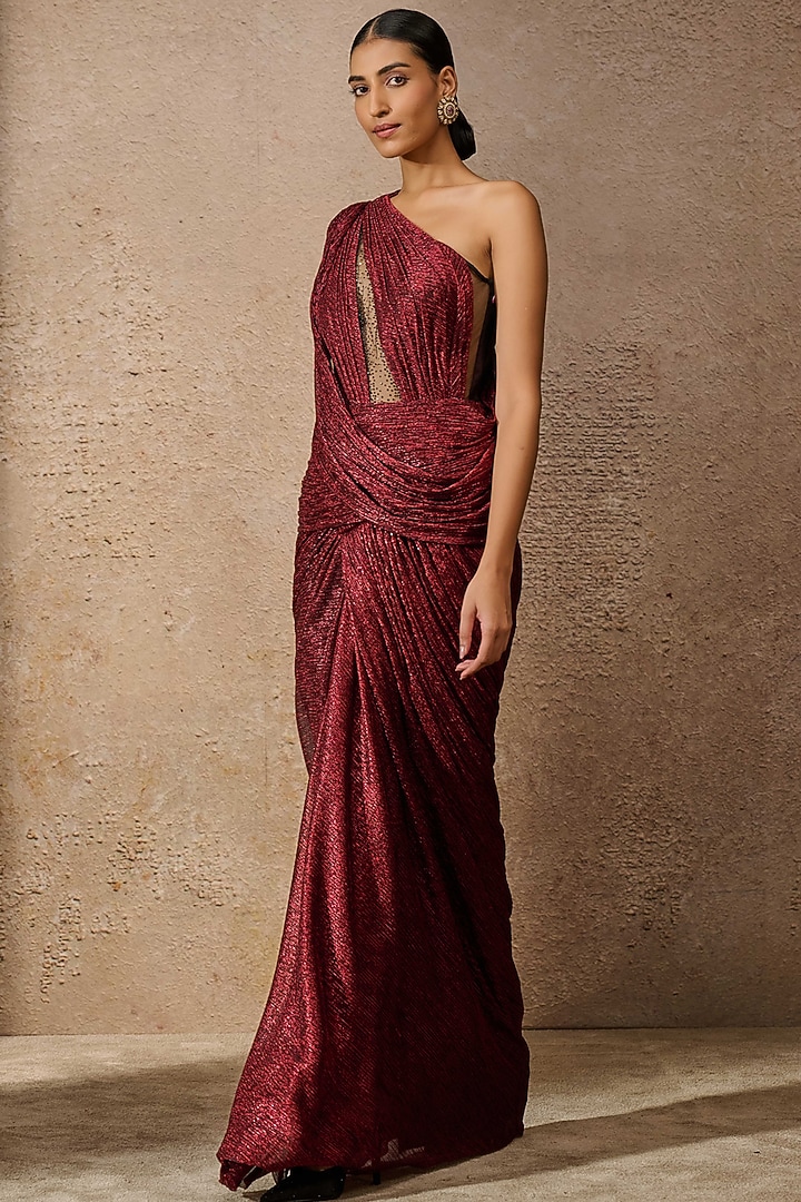 Wine Crinkle Tulle & Soft Net One-Shoulder Draped Party Wear Dress by Tarun Tahiliani at Pernia's Pop Up Shop