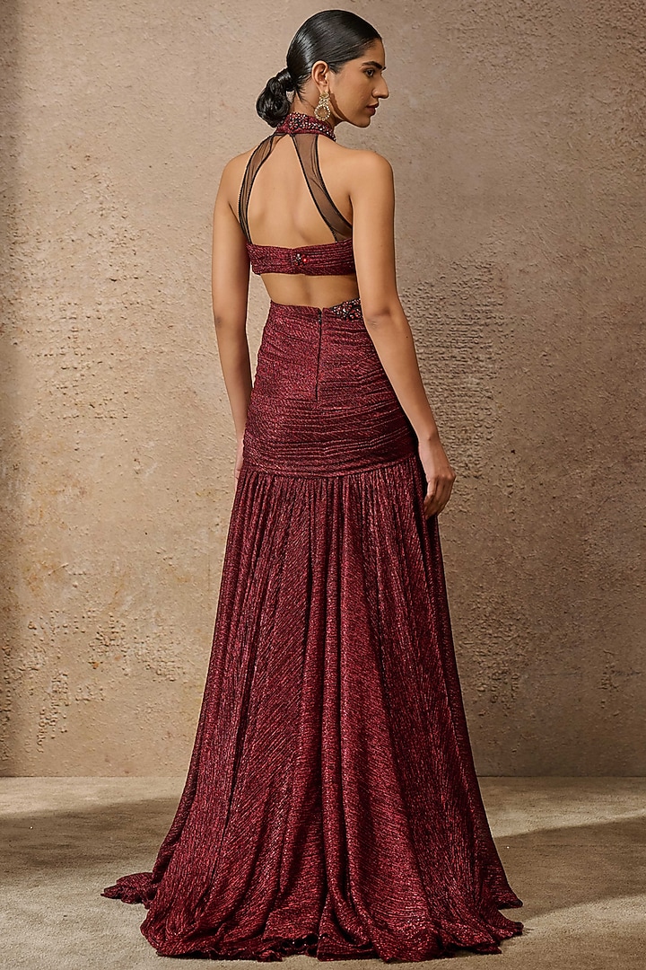 Wine Crinkle Tulle Embroidered Bridal Gown by Tarun Tahiliani at Pernia's Pop Up Shop