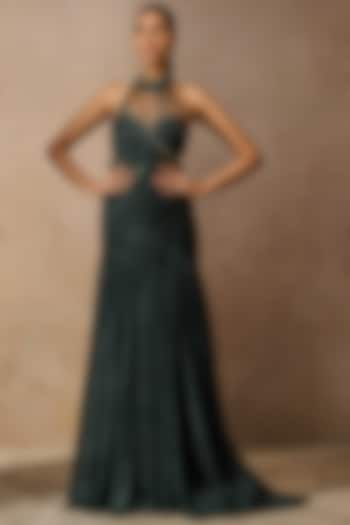 Emerald Crinkle Tulle Embroidered Gown by Tarun Tahiliani at Pernia's Pop Up Shop