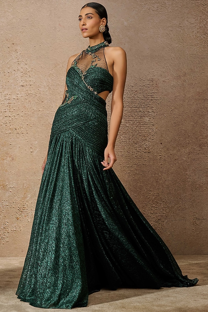 Emerald Crinkle Tulle Embroidered Bridal Gown by Tarun Tahiliani at Pernia's Pop Up Shop