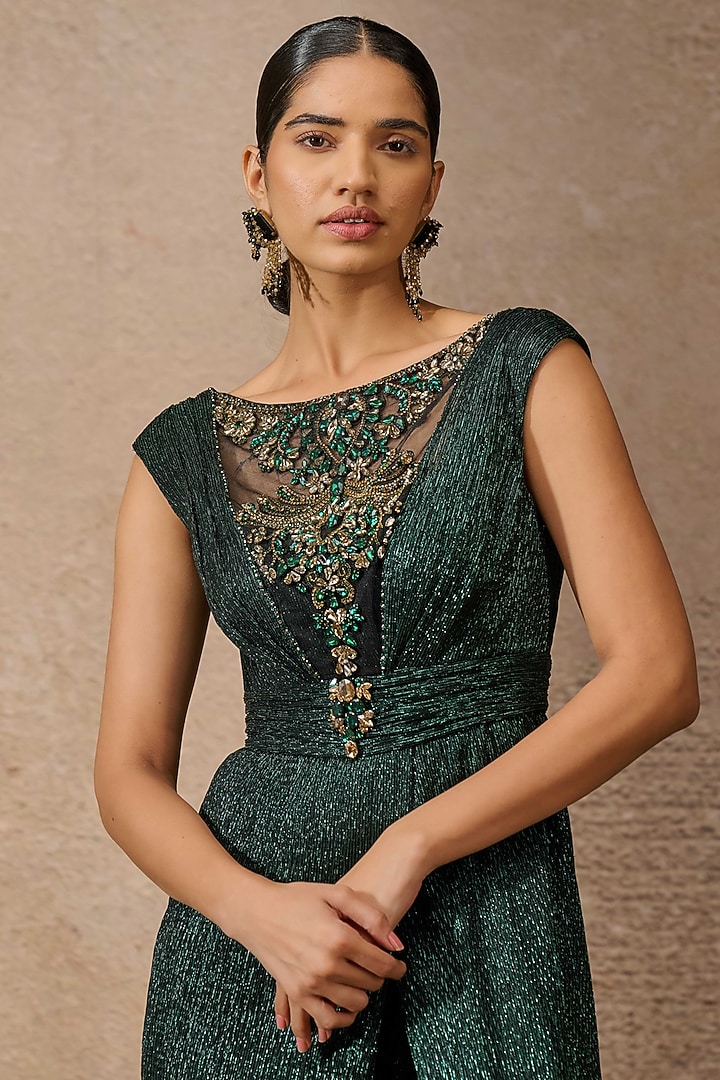 Emerald Crinkle Tulle Embellished Jumpsuit by Tarun Tahiliani at Pernia's Pop Up Shop
