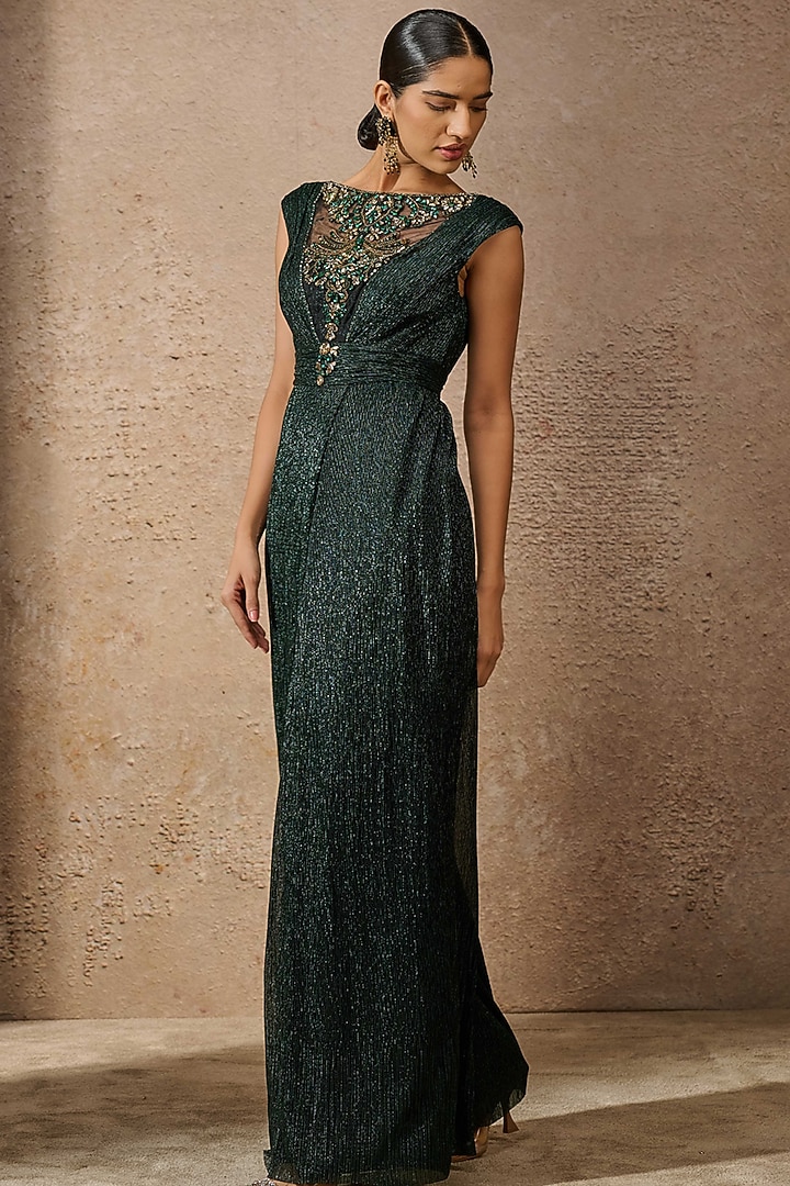 Emerald Crinkle Tulle Embellished Jumpsuit by Tarun Tahiliani at Pernia's Pop Up Shop