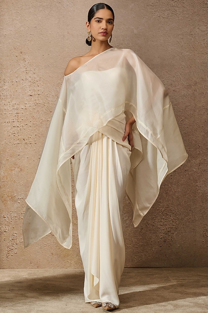 Ivory Satin Draped Skirt Set by Tarun Tahiliani at Pernia's Pop Up Shop