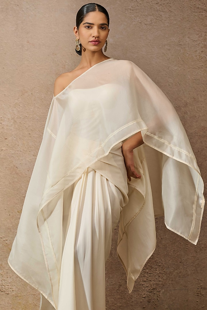 Ivory Satin Draped Skirt Set by Tarun Tahiliani at Pernia's Pop Up Shop