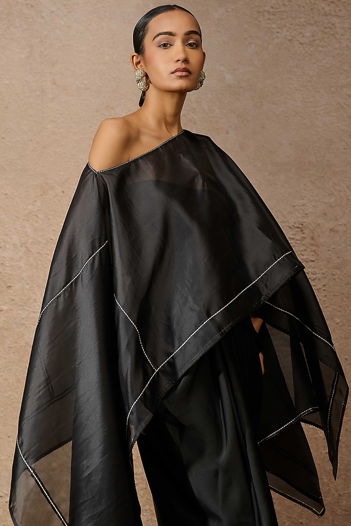 Black Satin Draped Skirt Set by Tarun Tahiliani at Pernia's Pop Up Shop