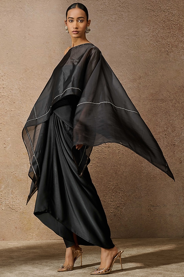 Black Satin Draped Skirt Set by Tarun Tahiliani at Pernia's Pop Up Shop