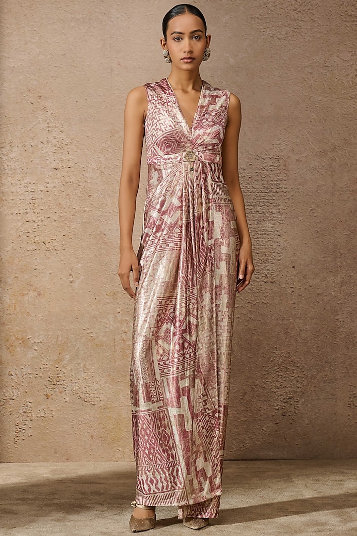 Blush Pink Foil Jersey Printed Draped Dress by Tarun Tahiliani at Pernia's Pop Up Shop