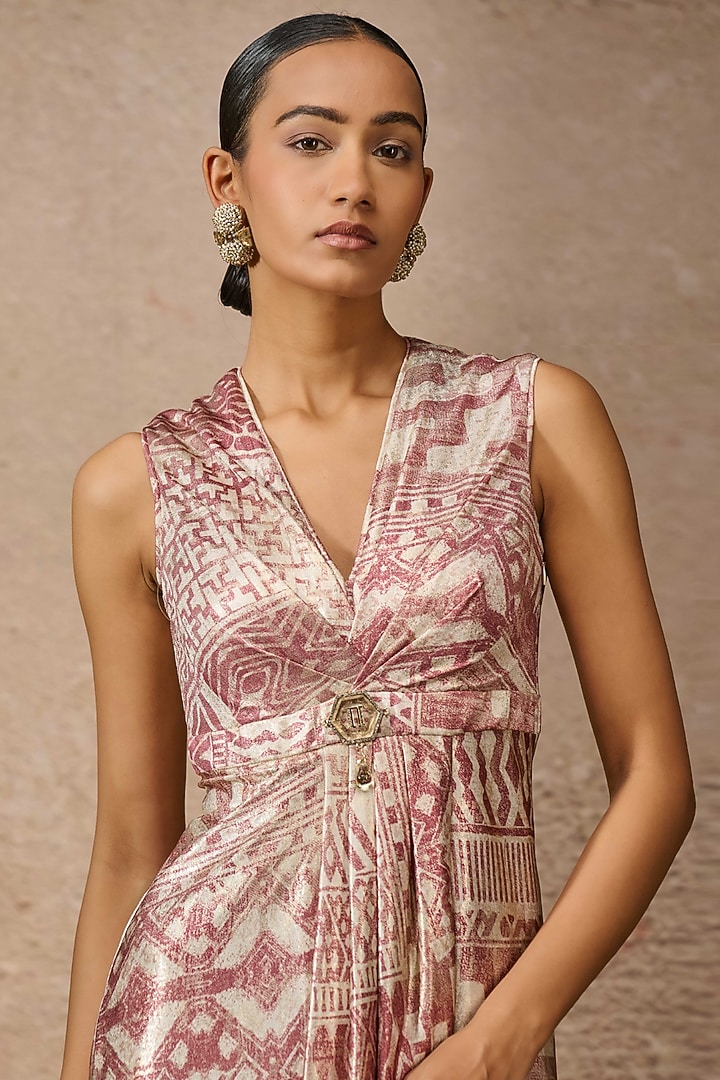 Blush Pink Foil Jersey Printed Draped Cocktail Dress by Tarun Tahiliani at Pernia's Pop Up Shop