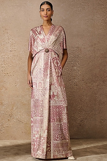 Blush Pink Foil Jersey Printed Jumpsuit by Tarun Tahiliani
